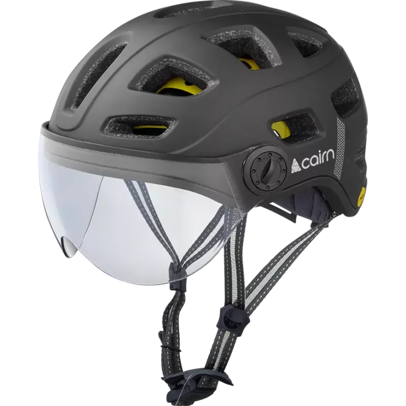 Helmet CAIRN QUARTZ MIPS Transparent Visor LED USB Matte Black, black (for electric bike)