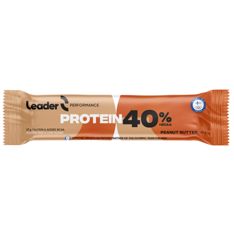Proteīna batoniņš LEADER 40% Protein Batoniņš + BCAA. Zemesriekstu sviests 68 g