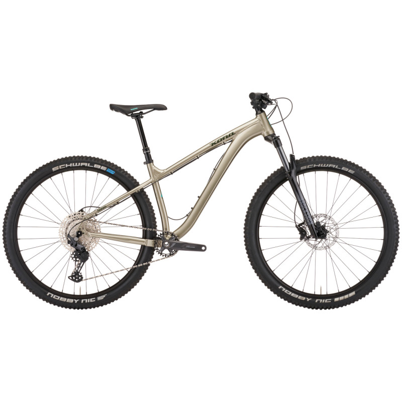 Kona Honzo 29″ kalnu velosipēds, spīdīgs metālisks alvas materiāls